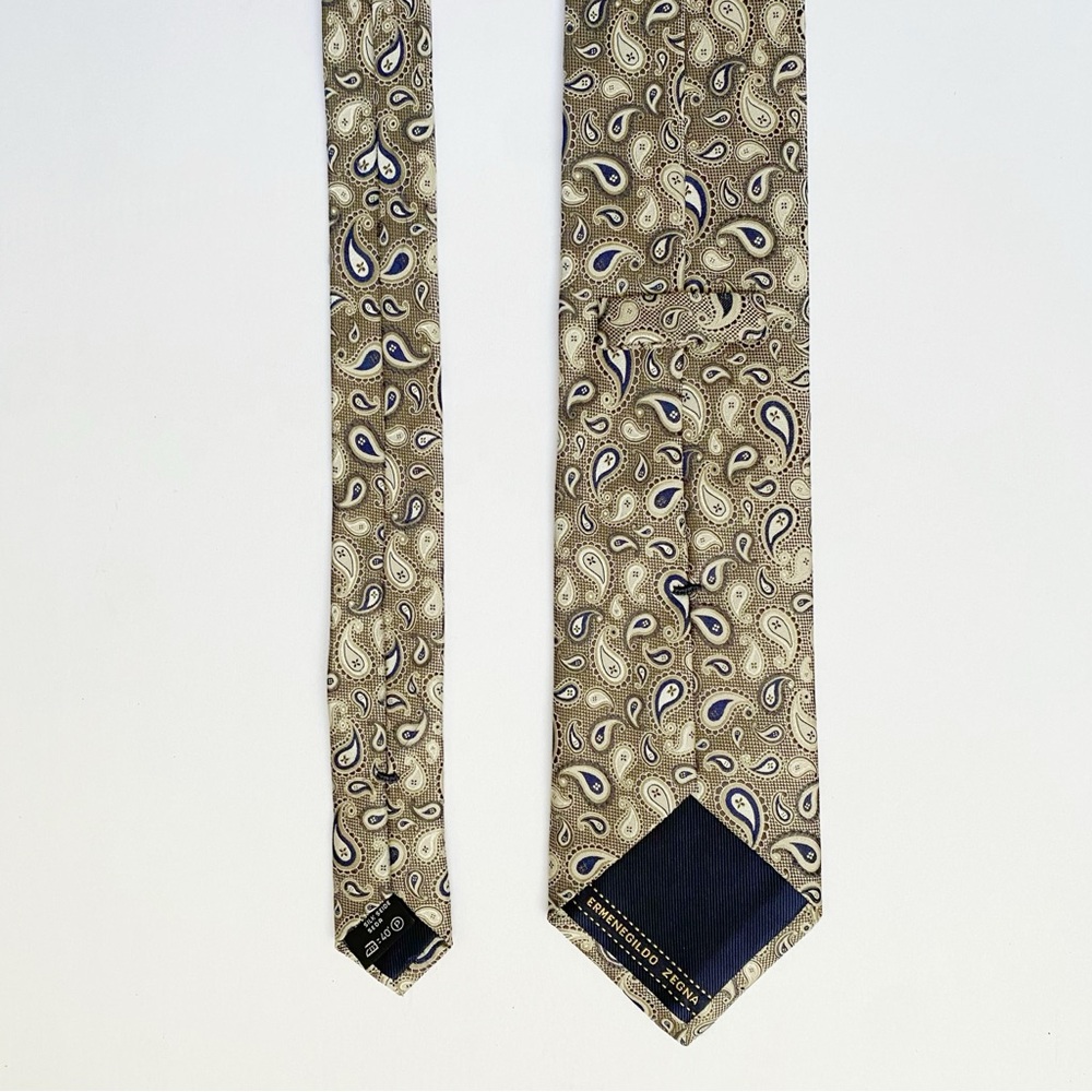 ERMENEGILDO ZEGNA White navy blue gray PAISLEY PRINT JACQUARD SILK NECK TIE - Picture 3 of 7
